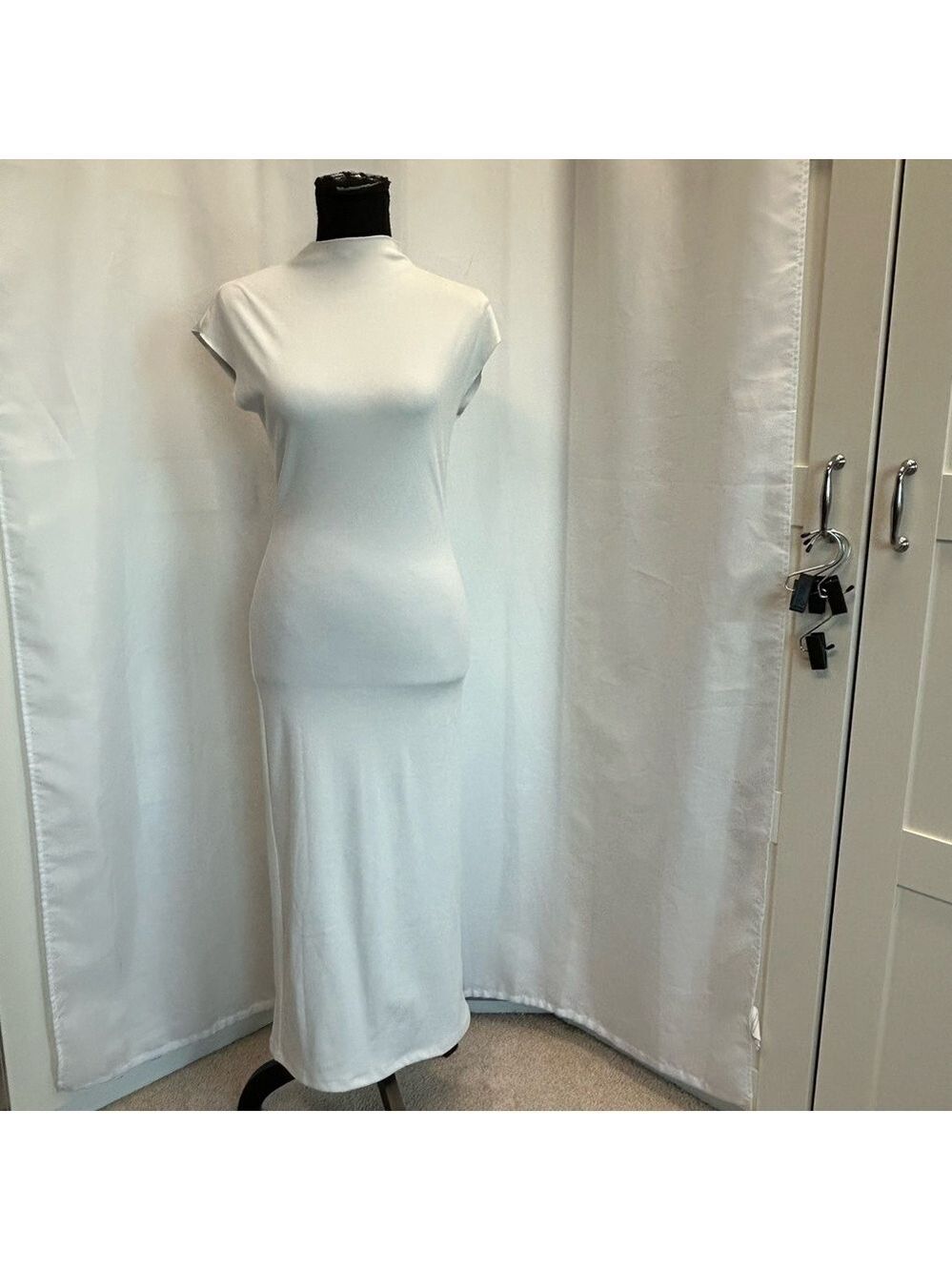 Zara White ribbed short sleeve mock neck Bodycon soft stretch midi dress M NWOT